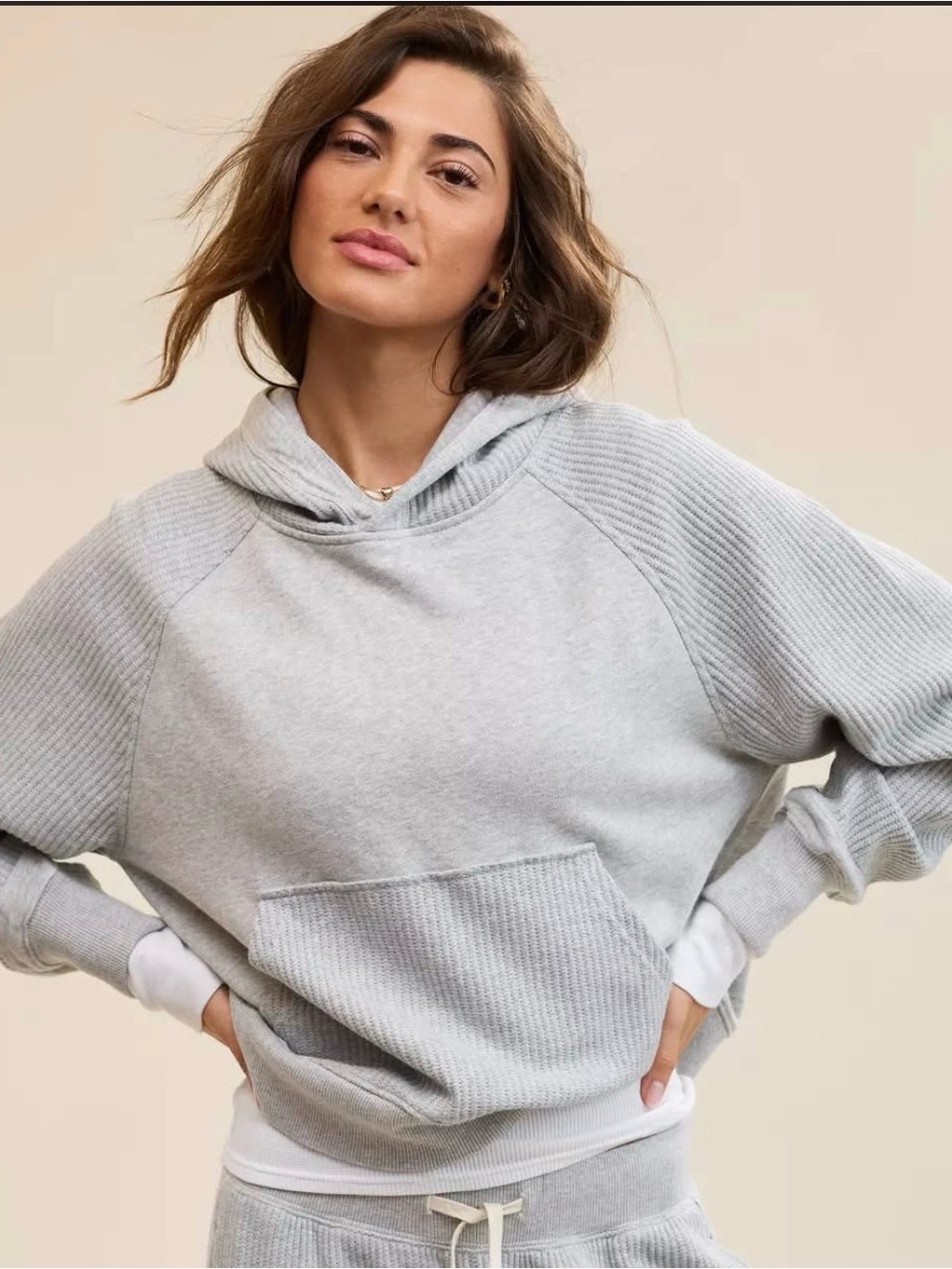 Aerie Hoodie Pullover Waffle Knit Oversized Gray Sweatshirt Cozy Size XL Coastal